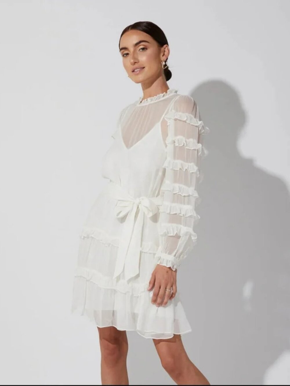 Cleobella Ruffle White Sheer Long Sleeve Dress